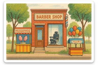 brohouse sartarosh xonasini chizib ber tashqaridan va uning yonida yupi va musqaymoq sotadigan lavkalar bulsin sticker