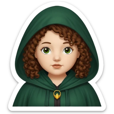 A white woman with a chubby face, with long dark auburn hair, cloaked and hooded like she's a Traitor in the tv show 'The Traitors'. her hair is frizzy curly, not with defined curls, and the robe is a very dark green/almost black color sticker