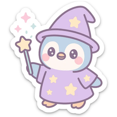 a cute penguin wizard casting a spell, with sparkles and a starry robe sticker