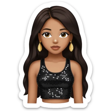 Aaliyah with long dark brown hair, sequin black crop top sticker