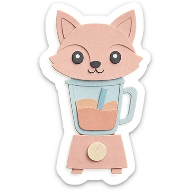 full-body pastel pink fox blender with transparent body and smoothie inside, sparkling eyes, paper craft style sticker