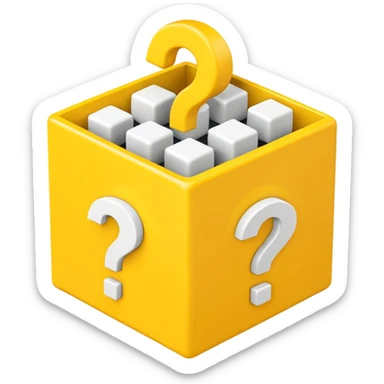  yellow cube shaped box stuffed with white question marker cubes sticker