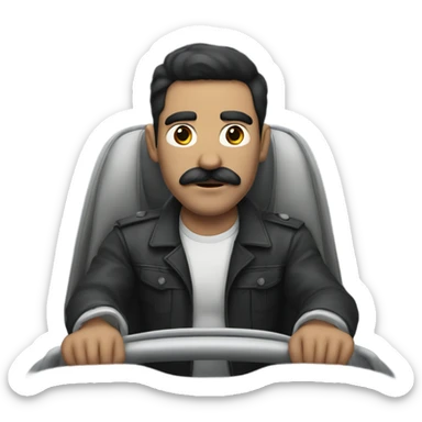 dark hair dark eye man with mustache sitting in car sticker