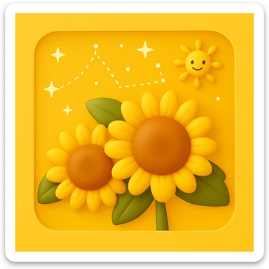 3D iOS style emoji of two sunflowers with a sun and stars in the background, mimicking the colors and composition of the reference image, add a yellow background sticker