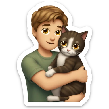 A boy with brown hair hugs a cat sticker