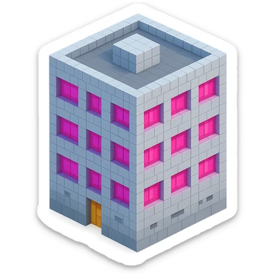 Russian panel apartment building, square block, light gray, large pink windows, isometric view sticker