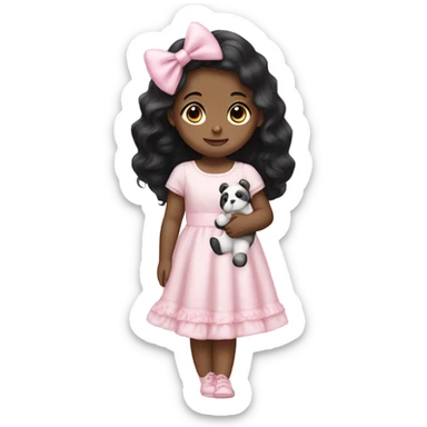 Little  babygirl with White skin,. Long black hair, with light pink bows.  She is wearing a light pink and White dress, holding a teddybear with a pink bow. sticker