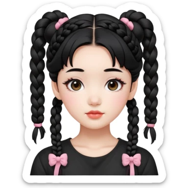 a beautiful girl face, wearing cute korean makeup, black hair, lower braided space buns with cute front bangs, kpop idol sticker