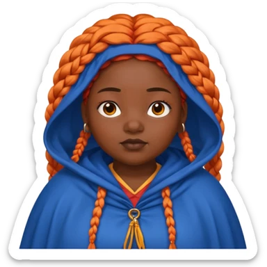 red orange braids hair girl, black skin, fat, wear blue cloak sticker