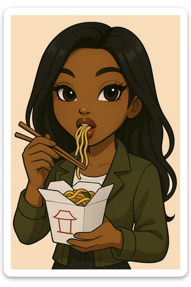 Change the pose to a headshot only of a 20-year-old anime Bratz style woman with dark skin, straight hair, trendy outfit, big expressive eyes, glossy lips, no hat, no tears, happy expression, looking straight ahead, eating out of a to-go Chinese food container with chopsticks. sticker