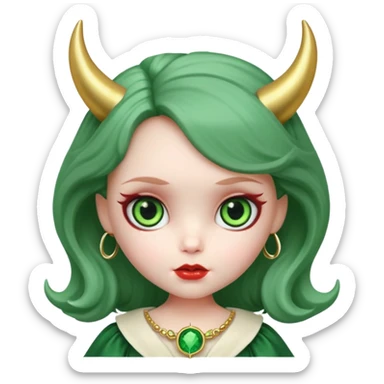 A Blythe doll with big green eyes and devil horns and a halo  sticker