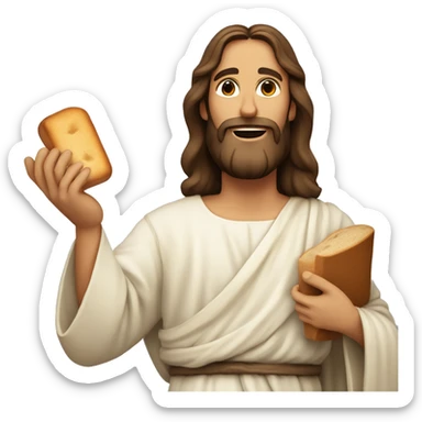 Jesus offering a loaf of bread with one hand and a glass of water with the other sticker