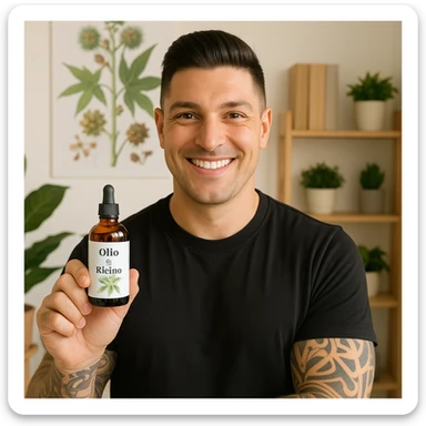 Create a realistic scene featuring a man with facial features and expression similar to the person in the reference photo. The man is smiling happily and holding a bottle labeled 'Olio di ricino'. The atmosphere is bright, positive, educational, and respectful, emphasizing the natural and beneficial qualities of the product. sticker