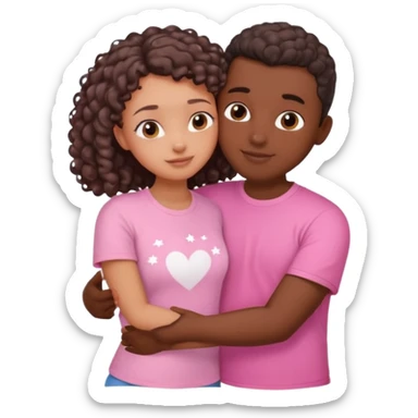 couple cuddling. Girl with dark skin, long curly hair, wearing a pink top. Guy with light skin, buzz cut, in a white T-shirt. He hugs her from behind. Cute, pastel, soft vibe with hearts or stars in the background. sticker