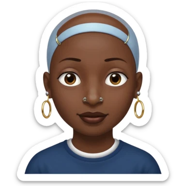Make a emoji of a person with dark skin and has a nose ring and has a bunch of small earrings and a big earring and who has a tiny bit of hair and who has a gap between her two front teeth and with no hair sticker