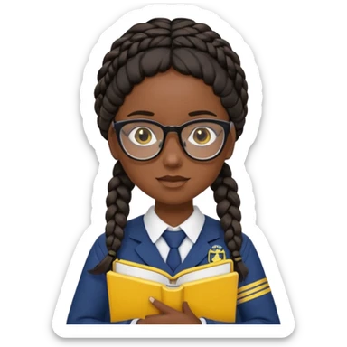 Girl student wearing uniform, glasses, hold yellow book in front of their chest, black braided hair, dark skin sticker