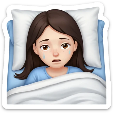 girl with long dark brown hair brown eyes and pale skin with acne crying in bed tired sick sticker