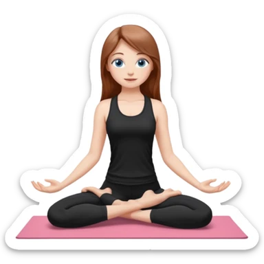A girl with fair skin and a natural blush. Eyes are large, expressive, blue. Hair is long, straight, chestnut-colored. The smile is soft, friendly, doing yoga in a black top and leggings is standing in a yoga pose sticker