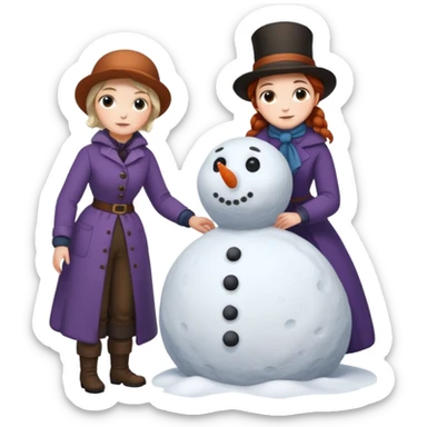  young Virginia Poe and  eldely Maria Clemm  full body building a snowman  1800's sticker