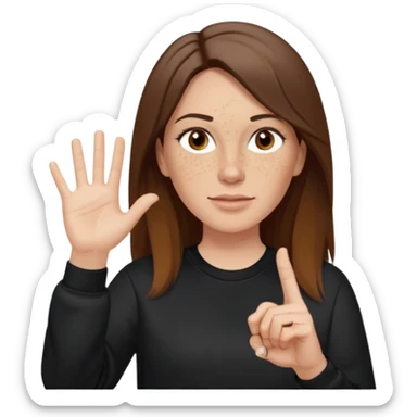 A 38 year old white woman with long brunette hair parted in the middle. She has her nose pierced. Her nose is medium sized. She has brown eyes. She has freckles and is wearing a black sweatshirt and is making the rock on sign with her hand sticker