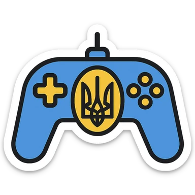 Ukrainian coat of arms on a gamepad, icon style, blue and yellow colors sticker