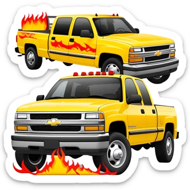 Yellow 1997 Chevrolet C-2500 Crew Cab Silverado with red flame design only on the front bumper, 30-degree view showing detailed bumper flames, Kill Bill movie vehicle, iOS emoji style sticker