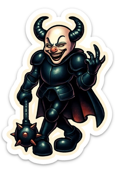 A sinister armored clown with no hair, ram horns pointing up, glossy black on matte black armor, short cape, large black clown shoes, standing with legs crossed, one arm down holding an oversized spiked mace, the other hand gesturing with a clawed hand, eyes barely open, evil smile, vibrant retro stickers style, no yellow aged tint, full body, transparent background, reference images included sticker