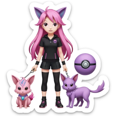 Female pokemon trainer, with long pink hair and wearing black. She’s standing confidently holding a pokeball and espeon by her feet  sticker