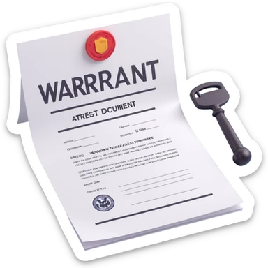 3D icon style arrest warrant document, white paper, large 'WARRANT' text at the top, body text, signature and official stamp at the bottom, bright lighting sticker
