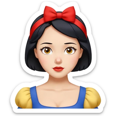 Snow White from hips up, blue top with yellow skirt, short black hair with red headband, minimal style but clearly recognizable sticker