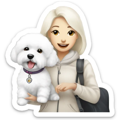 A cute korean style bichon frise with a Asian woman at the airport  sticker
