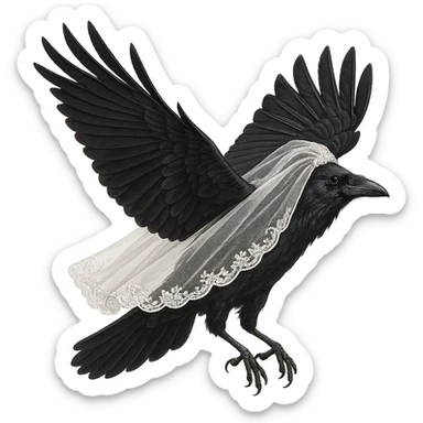 a flying raven wearing a white wedding veil, elegant, detailed, no background sticker