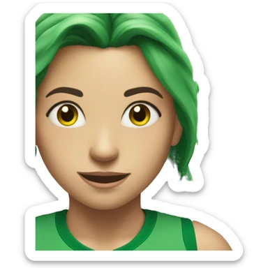 A woman in a green sports top with long green hair smiles broadly. Green eyes. Freckles sticker