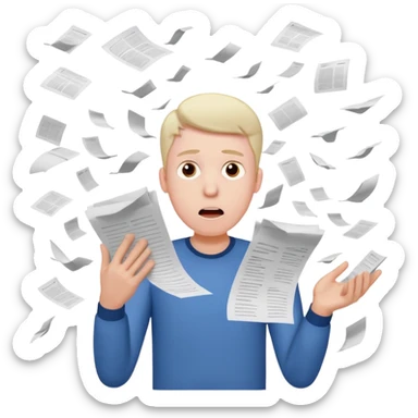 A man with a bunch of lists, they fly out of his hands. He's in shock sticker
