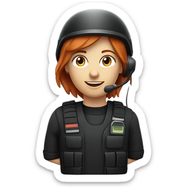 operator dressed in black with a milatary helmet, without glasses, wearing a headset, ready to respond to alerts, preferably red-haired female  sticker