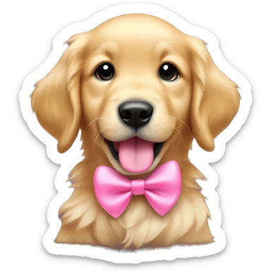 Golden retriever puppy with a pink bow on its ear and sticking its tongue out sticker