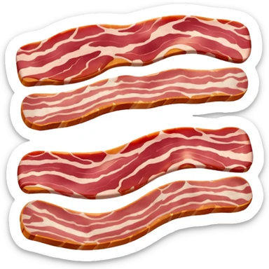 one strip of raw bacon, soft, flexible, pinkish-red with white fat, natural marbling, gentle curves, subtle irregular edges, fresh, slightly glossy, soft lighting, subtle shadows, no plate, no packaging, no faces, transparent background, emoji scale sticker
