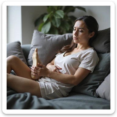 realistic 4K woman relaxing on sofa after wearing insole, then clutching foot with discomfort expression to show momentary benefit sticker