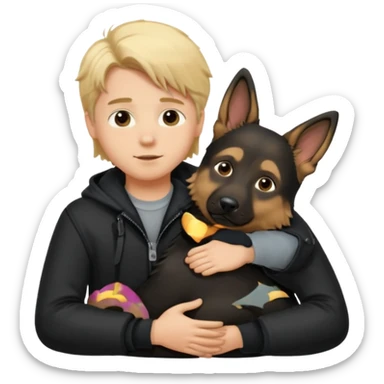Garoto loiro fofo e cabelo comprido usando uma jaqueta preta abraçando um cachorro pastor alemão  sticker