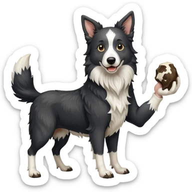 A black and white border collie werewolf, standing on her hind legs, holding a cow's hoof. sticker