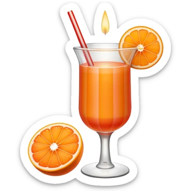 An orange grapefruit, with a horizontal red stripe around the middle. 4 vertical cocktail sticks in the orange with small pieces of candy on the sticks. On top of the orange a small white lit candle. The orange should be a piece of fruit not a drink.  sticker