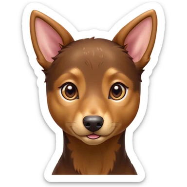 Cinematic Cute Brown and Tan Kelpie Portrait Emoji, Head tilted playfully and inquisitively, featuring a glossy brown Fur with vibrant tan accents, round, sparkling warm eyes filled with curiosity, Simplified yet irresistibly adorable features, highly detailed, glowing with a warm, friendly glow, high shine, affectionate and spirited, stylized with a touch of whimsy, bright and endearing, soft glowing outline, capturing the essence of a mischievous yet loving herder, so playful it feels like it could leap out of the screen and into your arms! sticker