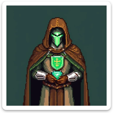 S'pht compiler from Marathon M1 (1994) wearing brown cloak and metal mantle pauldron, green light, retro polaroid screenshot, vintage game-inspired appearance, soft aged effect sticker