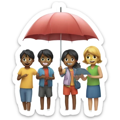 3 kids with a umbrella playing with a paper ship in the rain sticker