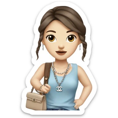 Realistic brown hair blue eyes Chanel Asian Girl with Birkin bag and Chanel necklace sticker