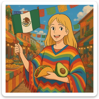 ghibli style cartoon of a tall blonde woman in a colorful poncho, smiling, holding a taco and avocado, waving a Mexico flag, festive street party background with food and decorations sticker