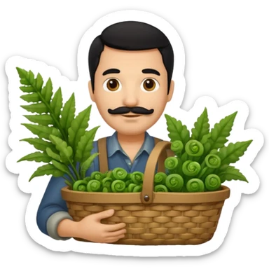 farmer emoji with black hair, moustache, and light beard, holding a basket of fiddlehead ferns, inspired by the attached reference photo sticker