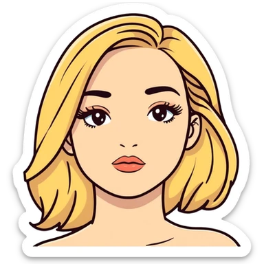 hair: medium long, blonde. makeup: long eyelash, medium dark eyebrows, nude lips.  sticker