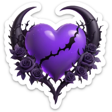 3D emoji gothic heart, purple glass, crescent moon, black roses, devil tail, glowing stardust, electric lightning, wet look, shattered glass texture sticker