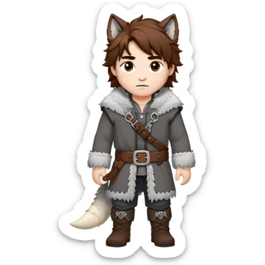 Medieval winter outfit worn by a DnD themed fantasy male character. Heavy slate gray wool tunic with wolf fur trim, featuring carved bone toggles and a wide leather belt with iron buckle. Clothes only above the waist, full waist coverage. The character has no arms. Character is white-skinned with dark copper hair, hazel eyes, and medium-length tousled hair with snow-touched strands. sticker